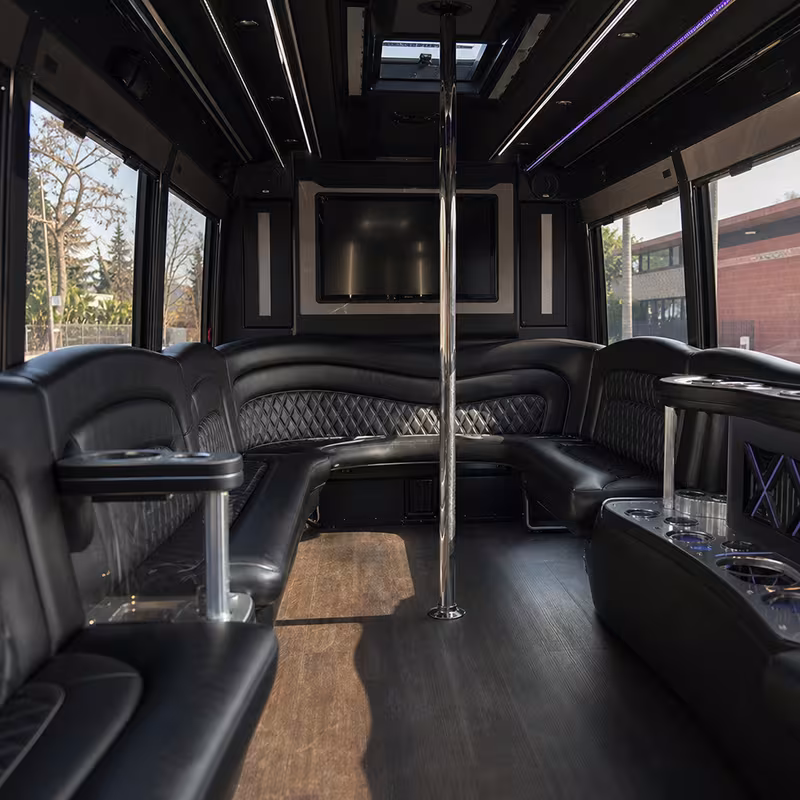Friends laughing during a Brooklyn party bus celebration