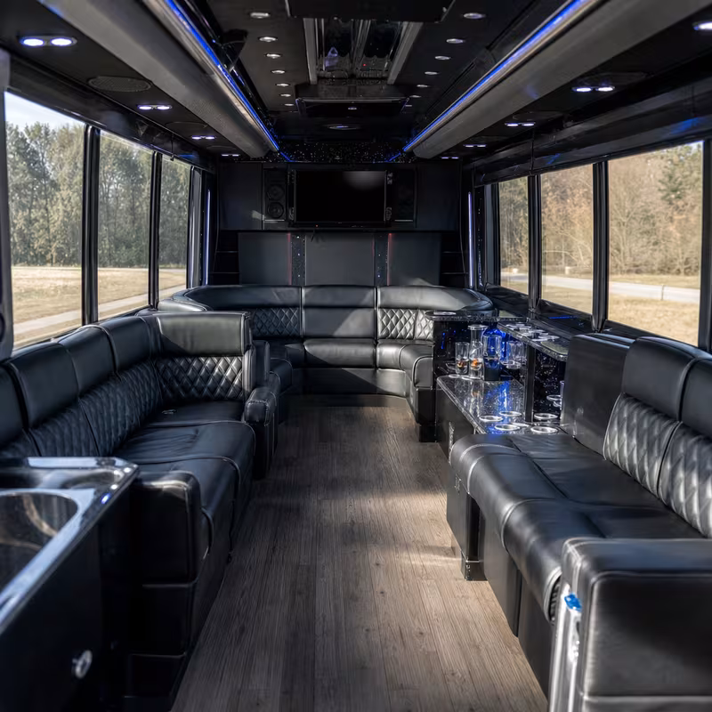 Passenger watching the Brooklyn scenery during a regional party bus road trip