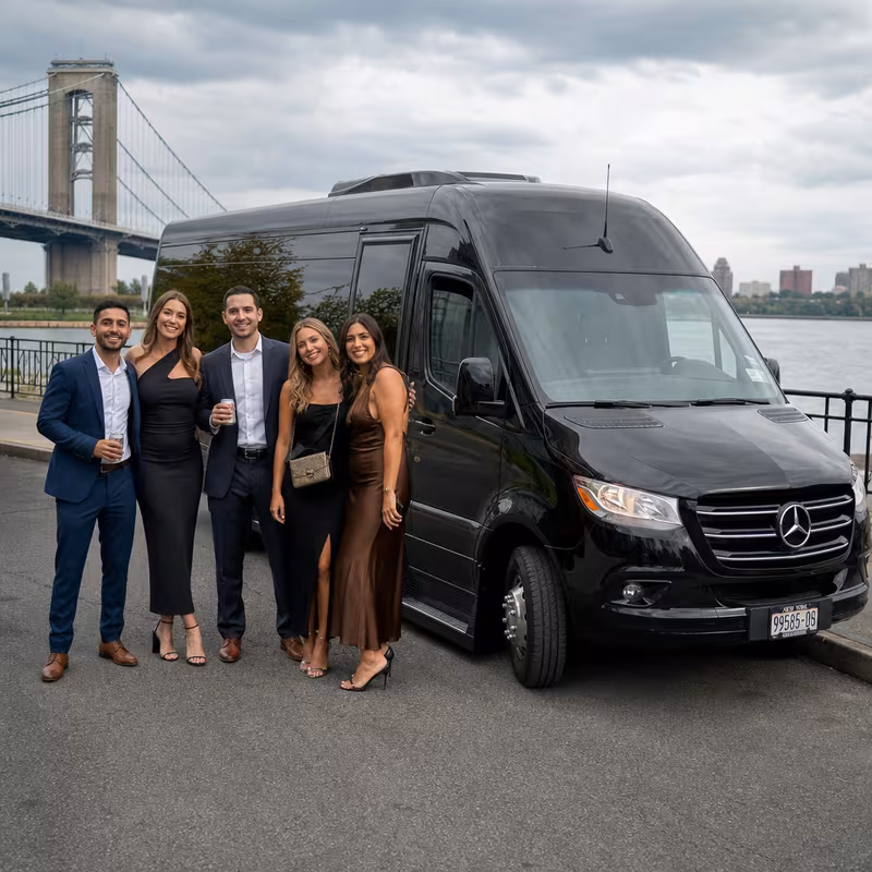 Group beside a Mercedes Sprinter limo from the Brooklyn fleet