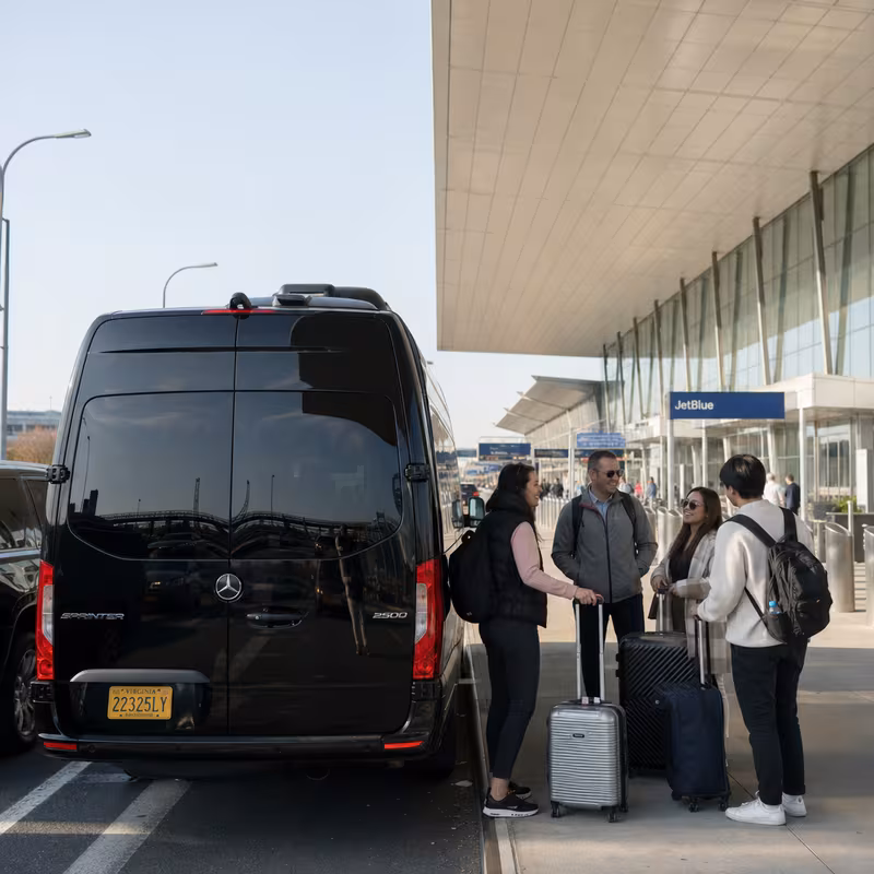 Group boarding a white charter bus for Airport Transportation transportation in Brooklyn