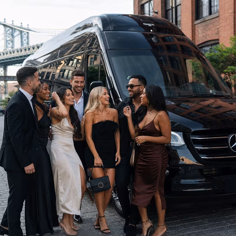 Group boarding a white charter bus for Bachelor & Bachelorette Transportation transportation in Brooklyn