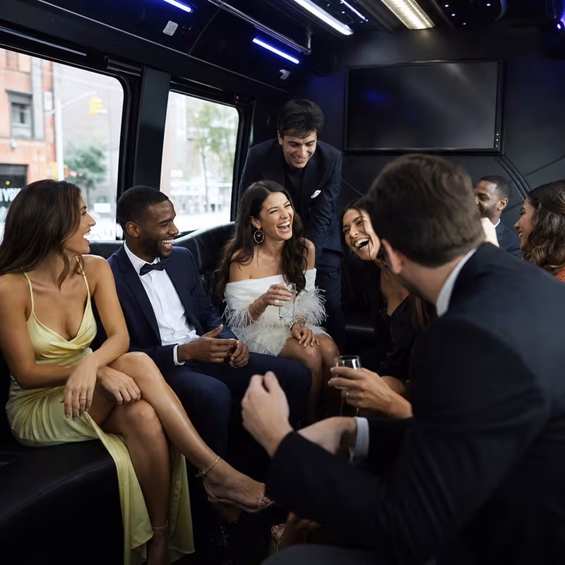 Party bus interior with wraparound leather seating and LED lighting in Brooklyn