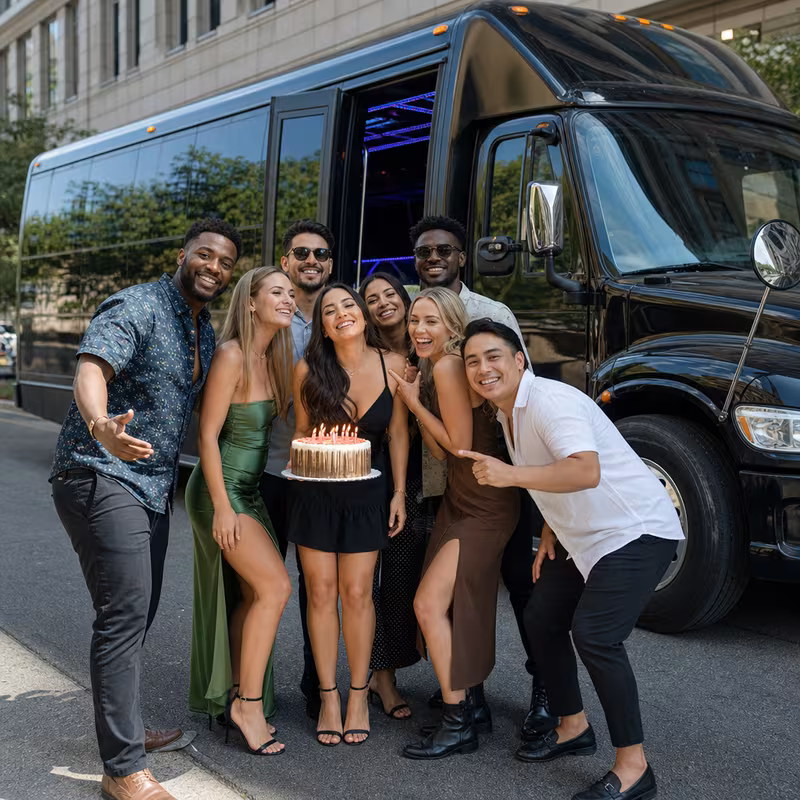 Group boarding a white charter bus for Birthday Transportation transportation in Brooklyn