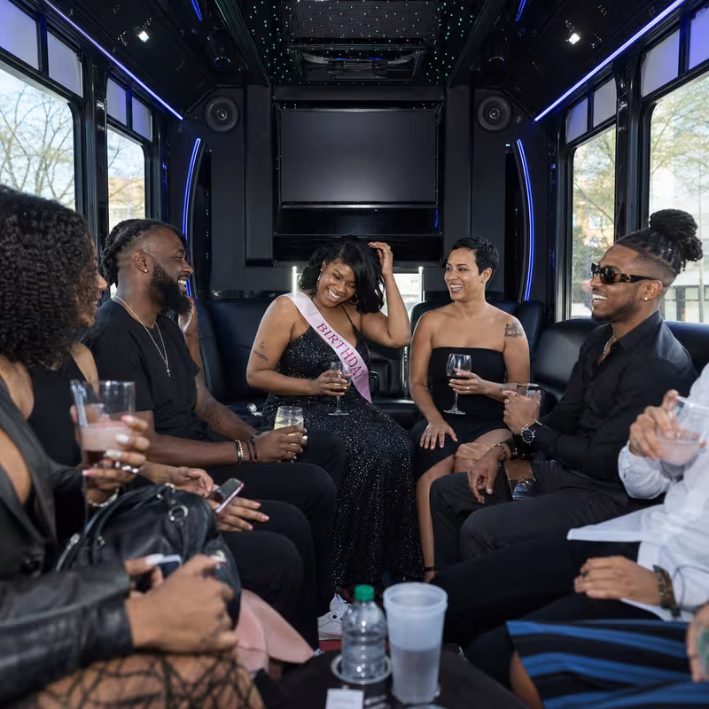 Black Mercedes Sprinter van staged for an Brooklyn Birthday Transportation group