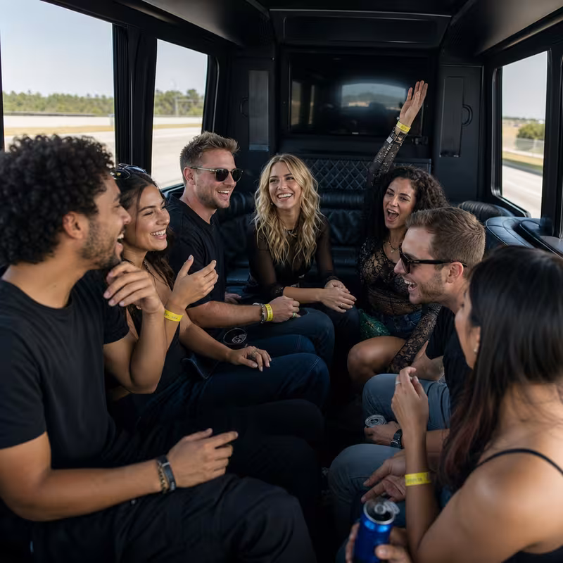 Group boarding a white charter bus for Concert Transportation transportation in Brooklyn