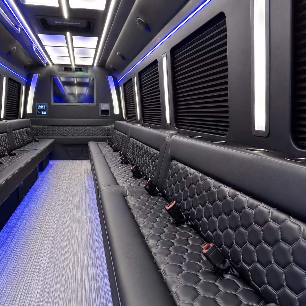 Interior of a party bus rental serving Brooklyn
