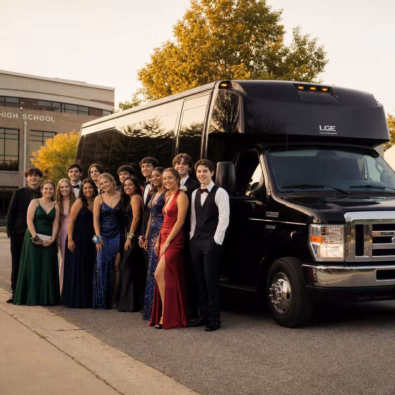 Group boarding a white charter bus for Prom & Homecoming Transportation transportation in Brooklyn
