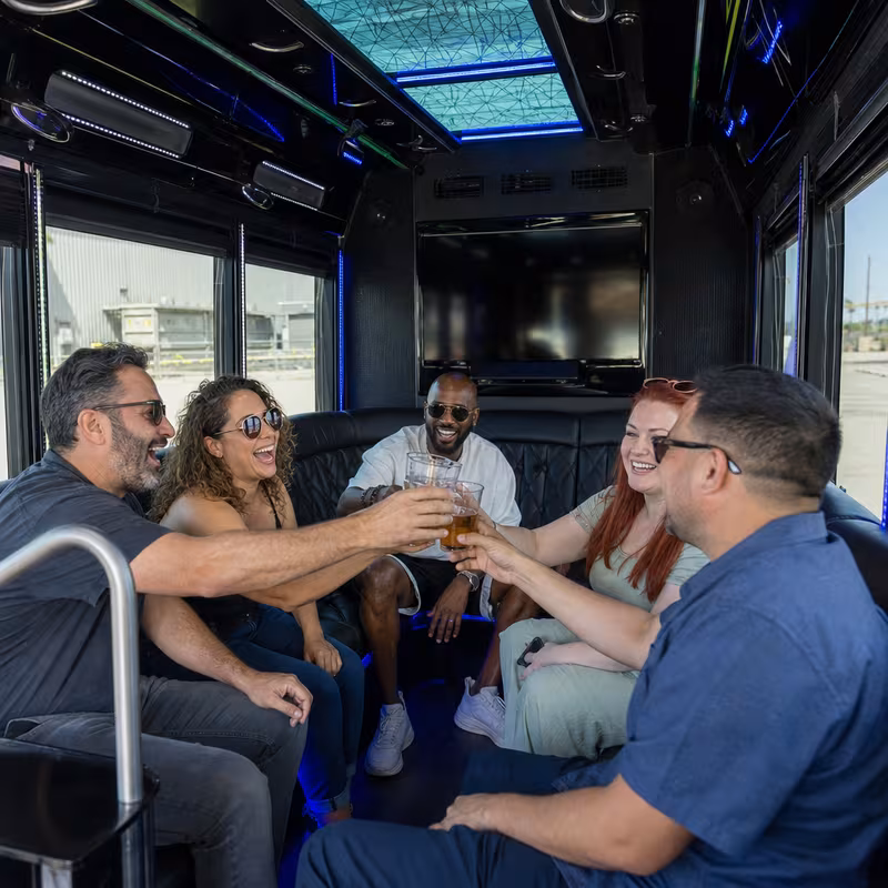 Group boarding a white charter bus for Winery & Brewery Tour Transportation transportation in Brooklyn